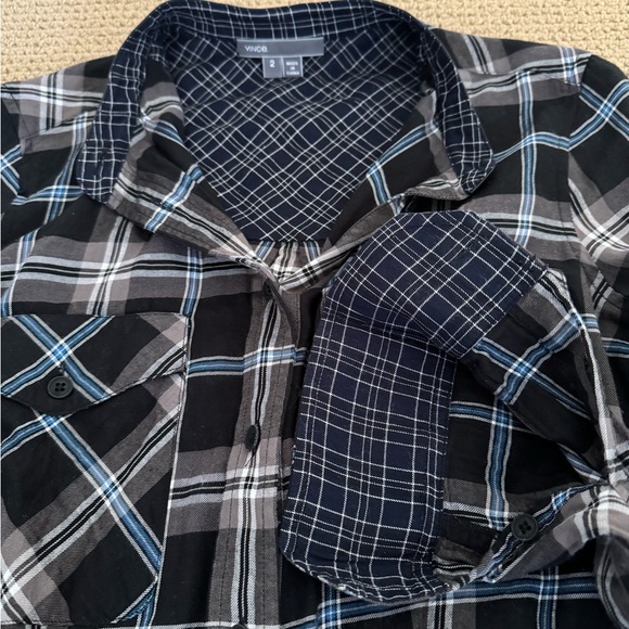 VINCE PLAID BUTTON DOWN, LEATHER COLLAR DETAIL AND CONTRAST CUFF FABRIC, SIZE 2 - Picture 5 of 5